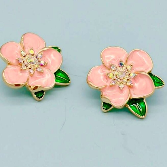 Pink, Orange, Green Glazed, Glossy, Enamel, Crystal Flower Shaped Stud Earrings - Picture 4 of 6